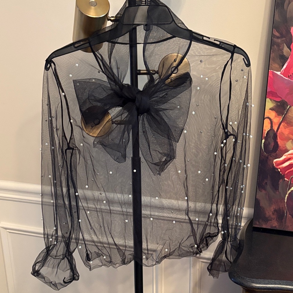 NWOT Chic Black Sheer Blouse with Pearl Details